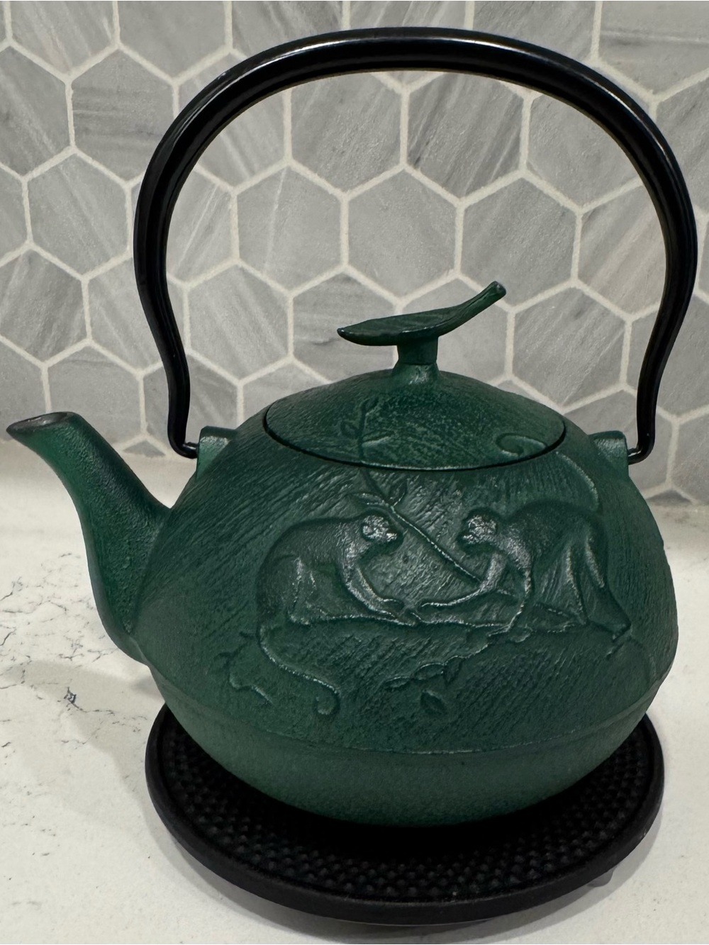 Teavana Green Cast Iron Monkey Teapot w/ Lid Infuser & Japan Trivet 4 Piece Set